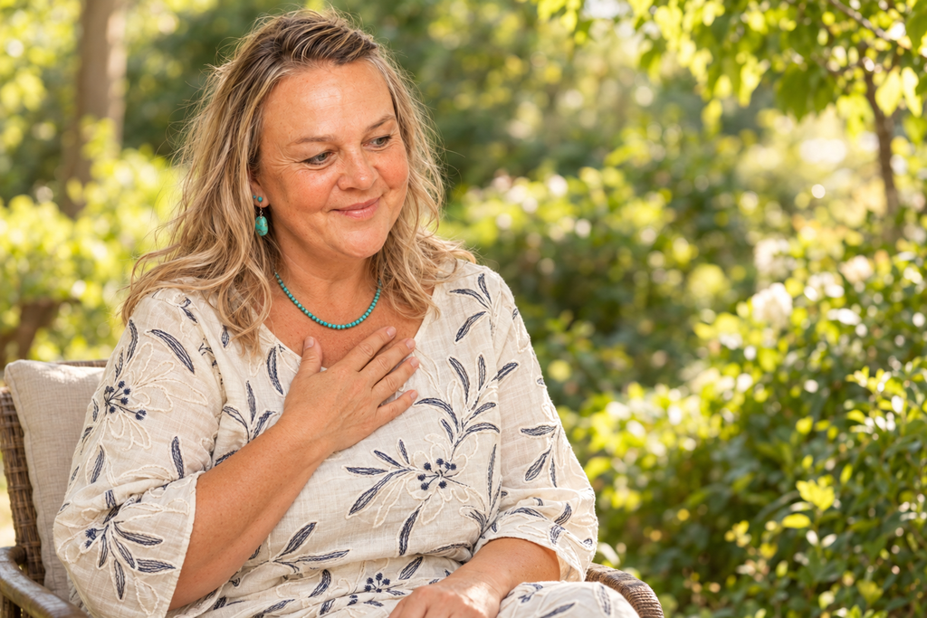 Sonja Kessler sitzt mit einer Hand auf dem Herzen im Garten und blickt zur Seite.